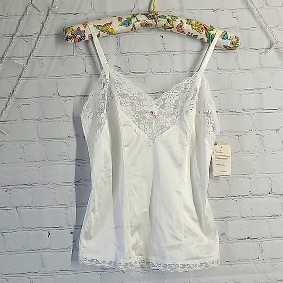 Vintage Tops - 🆕️NWT Vintage 90s White Satin Floral Lace USA Made Adjustable Straps Tank Top S